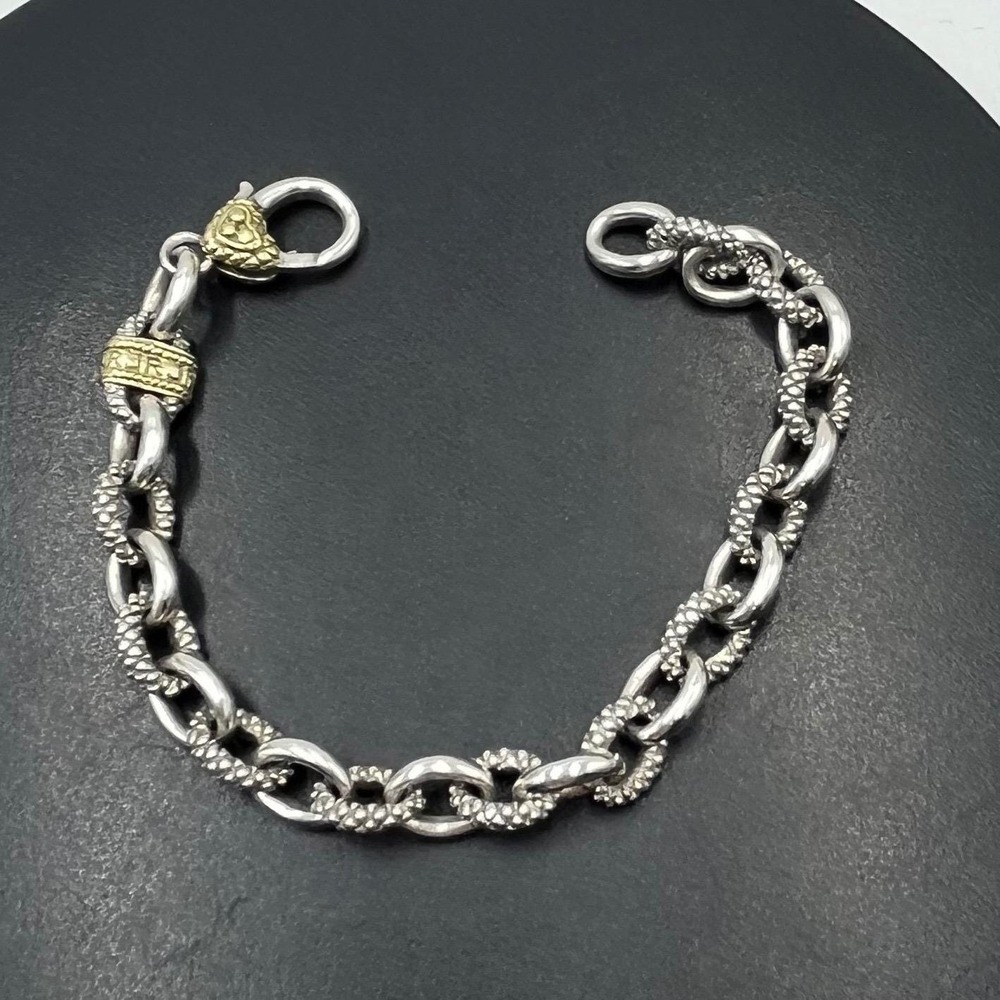 Judith Ripka JR Two Sterling Silver and 18k Gold Textured Oval Link Bracelet